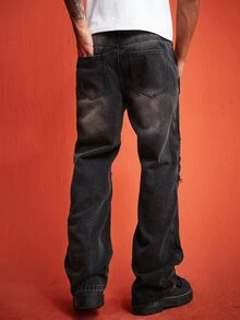 ROMWE MEN Street Life Men's Casual Washed Patchwork Flare Jeans - Grey - View 3