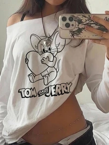 TOM & JERRY X SHEIN SHEIN EZwear 女款性感不對稱單肩長袖卡通印花T恤，適合外出、街頭穿搭、機場、時尚、返校、Y2K、派對、海灘度假、假日 - 白色 - 查看 1