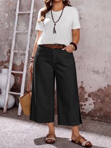 EMERY ROSE EMERY ROSE Quần jeans denim dáng rộng ống rộng, lửng, có túi, phong cách thường ngày thoải mái cho nữ size lớn - màu đen - Xem 6