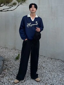 DAZY 男士海軍藍拼接拼接羅紋領字母印花刷毛布料短版套頭運動衫 - 寶藍色 - 查看 3