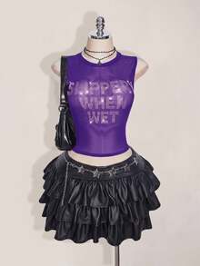 SHEIN ICON 大尺碼 Y2K 夏季黑色性感透視網紗水鑽亮片露背修身背心上衣（附水鑽字母裝飾） - 紫色 - 查看 4