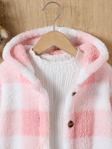 Elladie kids 女童 4-8 歲夾克，奶咖格紋柔軟絨毛連帽外套，適合秋冬、戶外活動、上學 - 粉色 - 查看 3