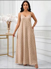 SHEIN Lady 女款波點休閒派對細肩帶長洋裝 - 卡其色 - 查看 7