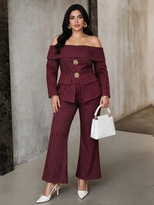 Modelyn Plus Size Women's Metal 3D Floral Decor Striped Off-Shoulder Long Sleeve Top And Flare Pants Elegant 2-Piece Set - Burgundy - View 3