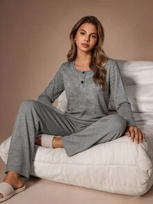 SHEIN Women's Casual Knit Henley Neck Loungewear Pajama Set - Grey - View 1