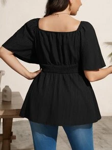 Comfylo Plus Size Women's Solid Color Pleated Casual Versatile Daily Wear Shirt - Black - View 2