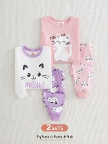 Cozy Pixies 女嬰貼身睡衣4件套，卡通貓咪圖案，柔軟針織圓領長袖套頭上衣與鬆緊腰長褲 - 彩色 - 查看 4