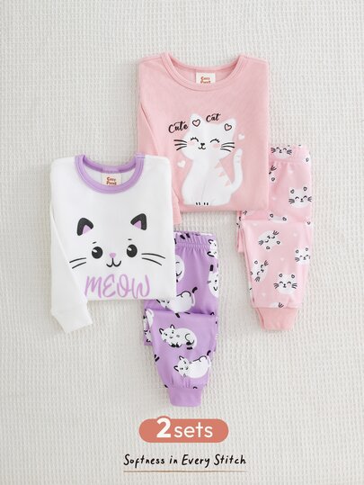 Cozy Pixies Baby Girl Snug Fit Pajama 4-Piece Set, Cartoon Cat Pattern, Soft Knit Crew Neck Long Sleeve Pullover Top And Elastic Waist Long Pants