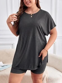 SHEIN Frenchy 大尺碼女款純色短袖上衣與短褲休閒日常兩件套 - 深灰色 - 查看 6