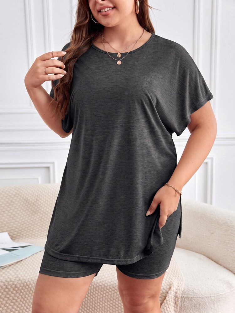 SHEIN Frenchy Plus Size Women Solid Color Short Sleeve Top And Shorts Casual Daily 2-Piece Set - Dark Grey - View 6