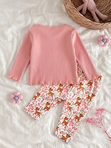 SHEIN 兒童新生兒鹿花紋居家服套裝 - 粉色 - 查看 2
