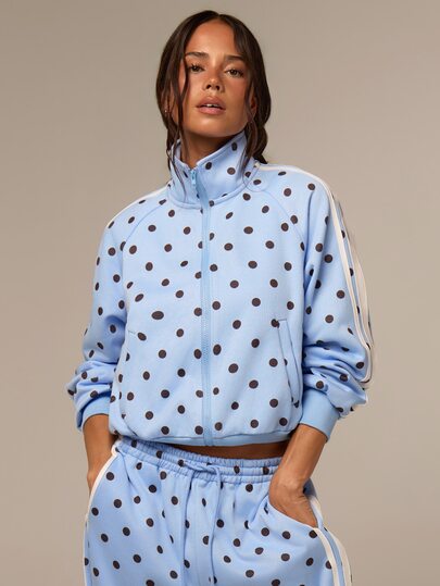 Athîral Sudadera con cremallera casual para mujer con lunares azul & café, otoño/invierno