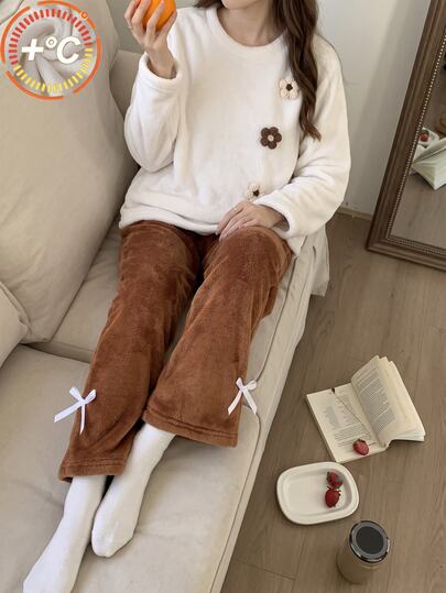 2pcs/Set Girls Plush Warm Minimalist Fashion 3D Floral Round Neck Top & Long Pants Long Sleeve Casual Comfortable Loungewear Set, Autumn/Winter