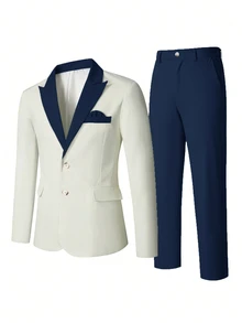 Manfinity Bizformal 男士綠色與白色春夏婚禮氛圍西裝套裝 - 藏蓝色 - 查看 4