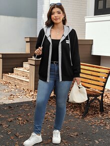 Comfylo Plus Drop Shoulder Drawstring Hoodie For Spring & Fall Travel Outfit Airport - Black - View 4