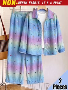 2件組少女漸層印花不對稱領長袖上衣與漸層印花短褲，休閒學院風，適合四季穿著 - 彩色 - 查看 4