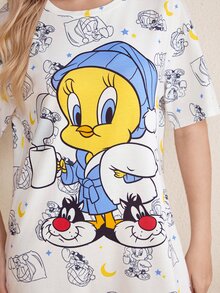 LOONEY TUNES X SHEIN Set Piyama Atasan dan Celana Pendek Motif Kartun untuk Wanita - Putih - View 6