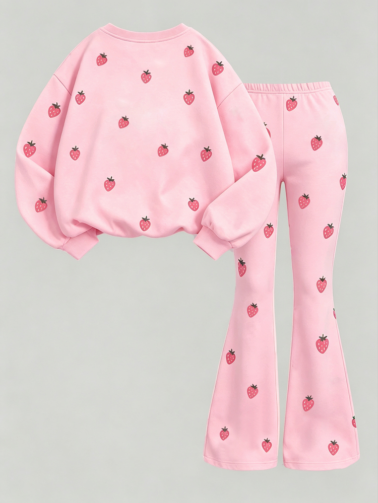 Young Girl Casual Minimalist Loose Round Neck Long Sleeve Sweatshirt & Flare Pants 2 Pieces Set, Suitable For Autumn/Winter - Multicolor - View 3