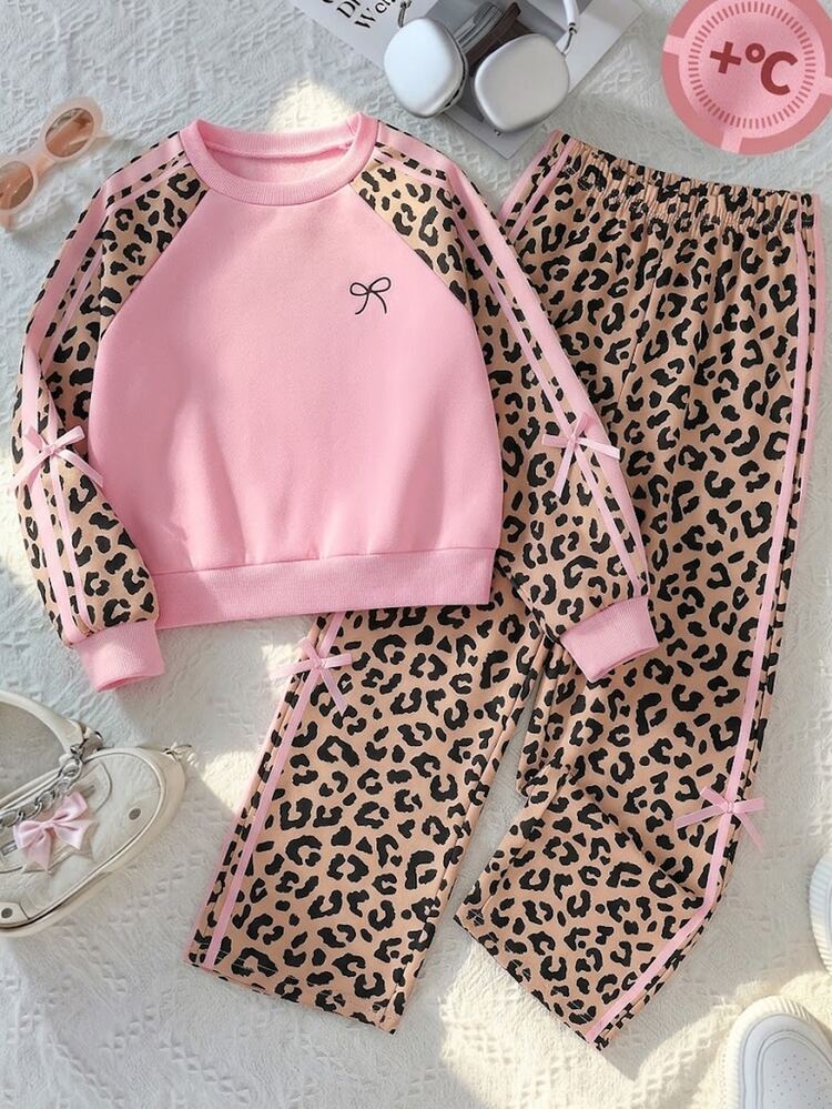 SHEIN Girls 2pcs Polyester Round Neck Long Sleeve Long Loose Fit Fleece Lined Set Winter Brown - Brown - View 5