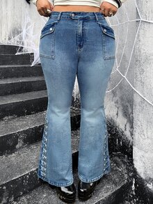 Jeanoix Plus Size Women's Casual Daily Denim Flare Pants With Pockets And Buttons - Blue - View 5