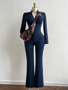 SHEIN Unity Women's Black Autumn/Winter Stand Collar Logo Jumpsuit, Elastic Slim Fit Flattering Front Zipper, European And American Elegant Sexy Streetwear - Navy Blue - View 4