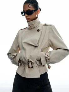LYSMO Women's Solid Color Stand Collar Button Design Casual Versatile Long Sleeve Jacket - Apricot - View 7