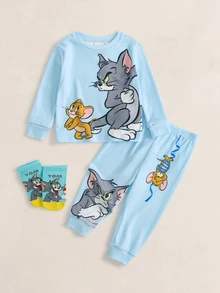 TOM & JERRY X SHEIN 男嬰卡通印花長袖上衣與長褲休閒日常居家睡衣套裝 - 淺藍色 - 查看 1