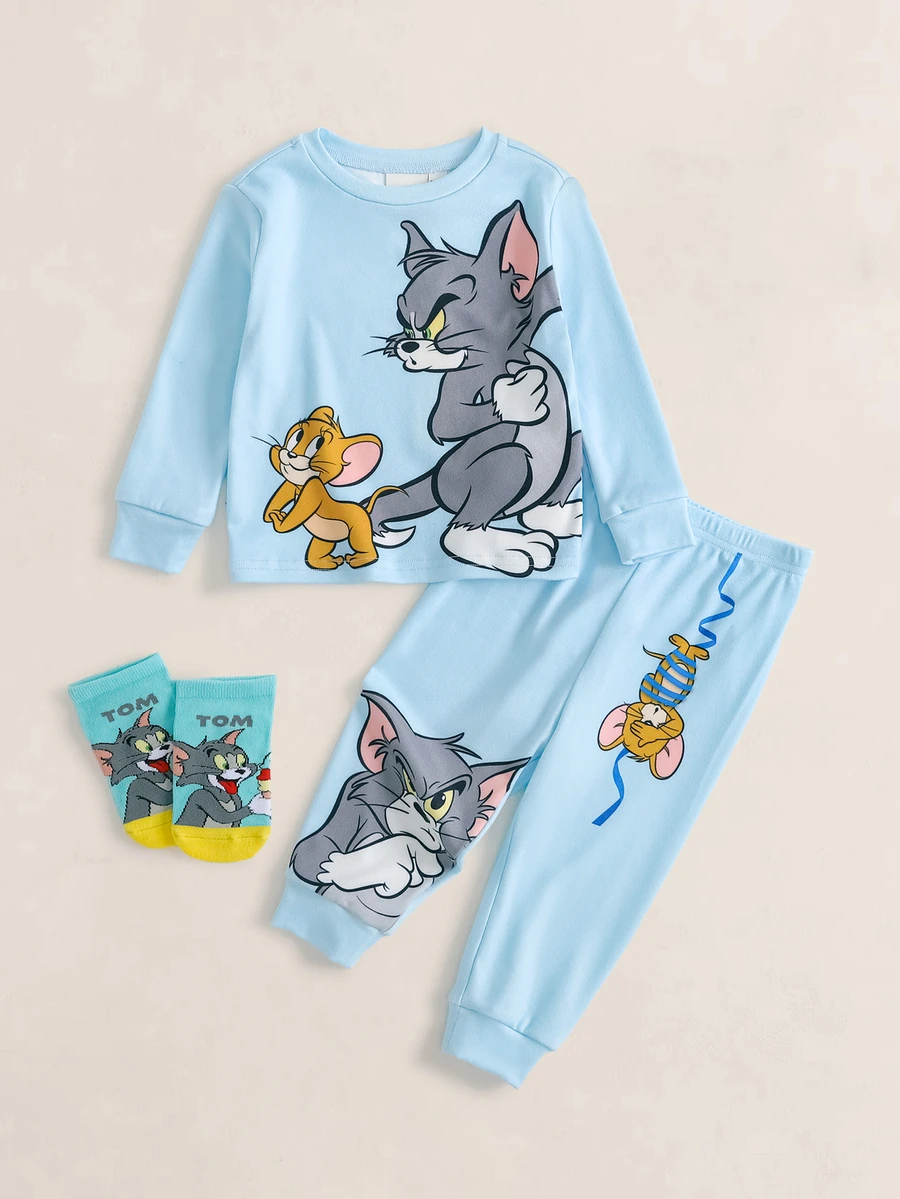 TOM & JERRY X SHEIN 男嬰卡通印花長袖上衣與長褲休閒日常居家睡衣套裝 - 淺藍色 - 查看 1