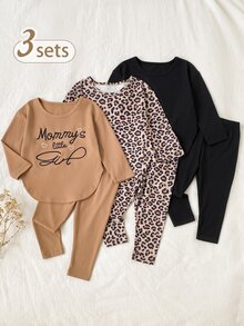 SHEIN Vintaside Kids 3套幼童女童長袖上衣+內搭褲，可愛黑色棕色豹紋羅紋字母印花側開衩長袖圓領，生日派對秋季假期穿搭 - 彩色 - 查看 3