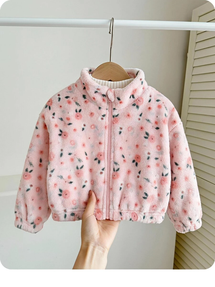 SHEIN Newborn Floral Fuzzy Jacket - Pink - View 1