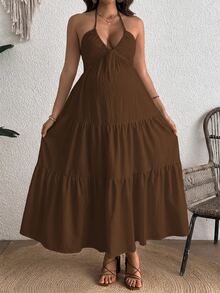 Cheriluna Maternity Comfortable Halter Backless Maternity Dress - Rust Brown - View 3