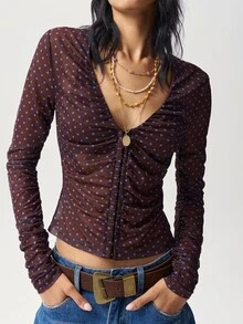 Bohemela Women's Autumn Fashion Polka Dot Print Top - Chocolate Brown - View 1