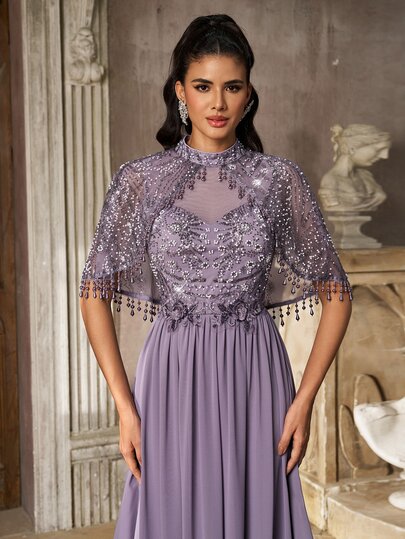 Aureia Elegant Glamorous Sequin Patchwork Chiffon Waist Applique Sequin Cape Tassel Wedding Guest, Bridesmaid, Party, Ball, Holiday, Evening Gala Summer Occasion Wear