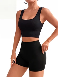 SHEIN Velisys Regular Fit Backless Straight Strap Waist-Cinched Butt-Lifting Ribbed Knit Black Sports Bra Shorts Set Fitness/Yoga Workout Gym Summer - Black - View 3