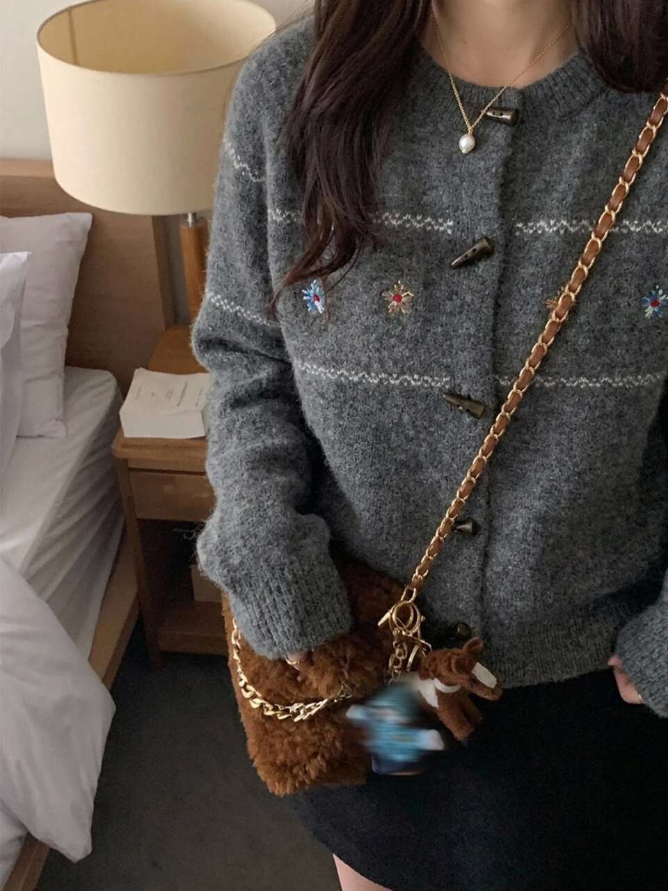 Women's Contrast Color Jacquard Floral Embroidered Loose Long Sleeve Casual Vacation Korean Style Autumn/Winter Knit Cardigan
