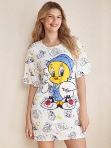 LOONEY TUNES X SHEIN Set Piyama Atasan dan Celana Pendek Motif Kartun untuk Wanita - Putih - View 3