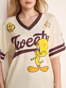 LOONEY TUNES X SHEIN Women's Cartoon Striped Print Short Sleeve T-Shirt - Apricot - View 3