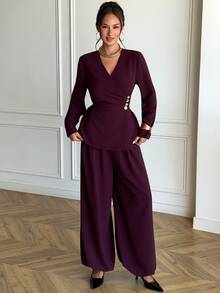 Aloruh Women's Elegant Commuter Wrap Coat & Trousers Suit Set,New Fall Styles - Purple - View 7