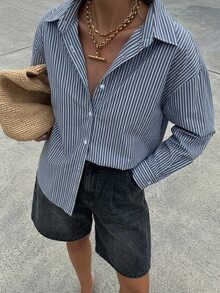 DAZY 女款條紋休閒百搭日常長袖襯衫 - 藍色 - 查看 1