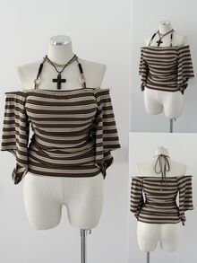 Sunspun Sweatshirt Leher Halter Off-Shoulder Bergaris Ukuran Plus - MultiWarna - View 3