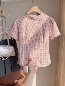 Comfortcana Plus Size Summer Casual Plaid Petal Sleeve Shirt - Dusty Pink - View 8