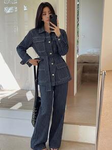 DAZY Teen Girl Button-Up Pocket Long Sleeve Jacket And Striped Long Pants Denim Set Fall - Dark Wash - View 5