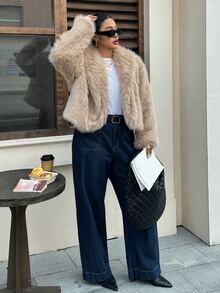 Livesso Elegant Autumn/Winter New Thickened Short Jacket Brown Faux Fur Coat - Apricot - View 5