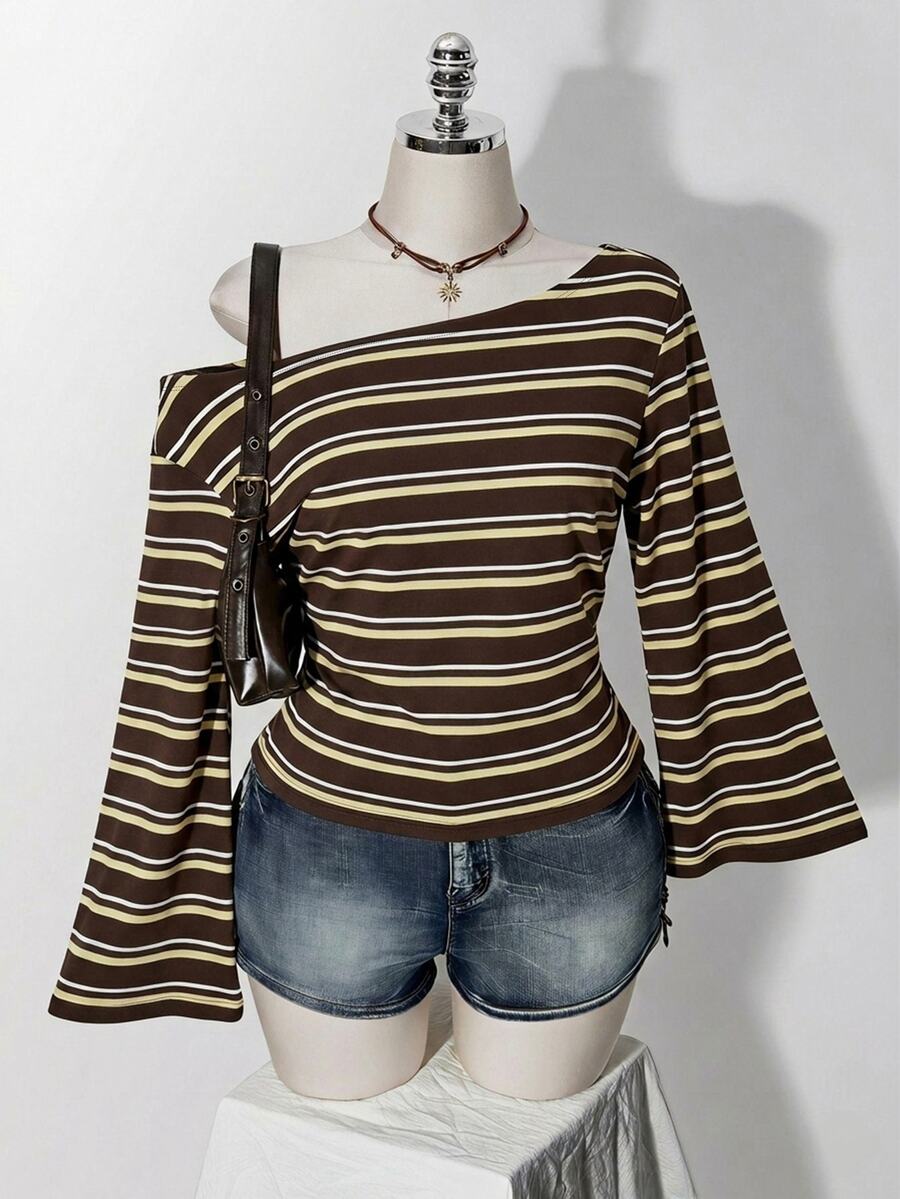 SHEIN ICON 大尺碼條紋不對稱肩休閒百搭日常長袖T恤 - 彩色 - 查看 1