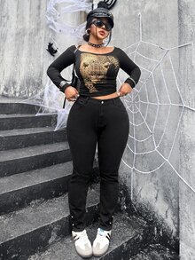 SHEIN ICON Plus Size Women's Casual Daily Wear Denim Jeans With Pockets And Buttons - Black - View 2