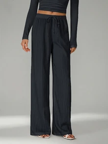 SHEIN Tall Loose Drawstring Waist Trousers In Textured Crinkle Fabric - Dark Grey - View 10