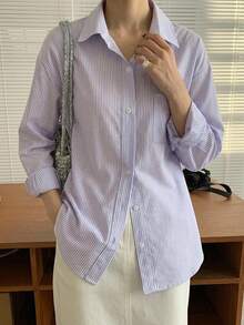 DAZY 女款條紋休閒百搭日常長袖襯衫 - 紫色 - 查看 6