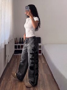 StreetHx Women's Fashion Casual Grunge Streetwear Distressed Vintage Retro Straight Leg Jeans Music Rave Dark Grey Going Out Fall - Grey - View 4