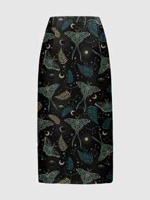 ROMWE Fairycore Dark Mysterious Hippie Floral Plant Black High Slit Women's Skirt - Black - View 2