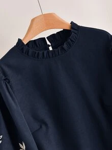 CosyJoli 大尺碼女款花卉刺繡圖案休閒日常穿著襯衫 - 藏蓝色 - 查看 6